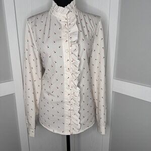 Shein Ruffle Front Striped‎ Blouse Long Sleeve Button Up | Size Medium Women's